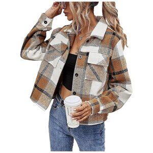 Women's Fall Fashion Cropped Shacket Plaid Jackets Coat-Khaki